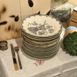 Service antique de 14 pièces - Longwy modèle Kioto - Faïence terre de fer bleue - Rare - 19eme