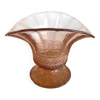 Art deco pink glass vase with reliefs on foot