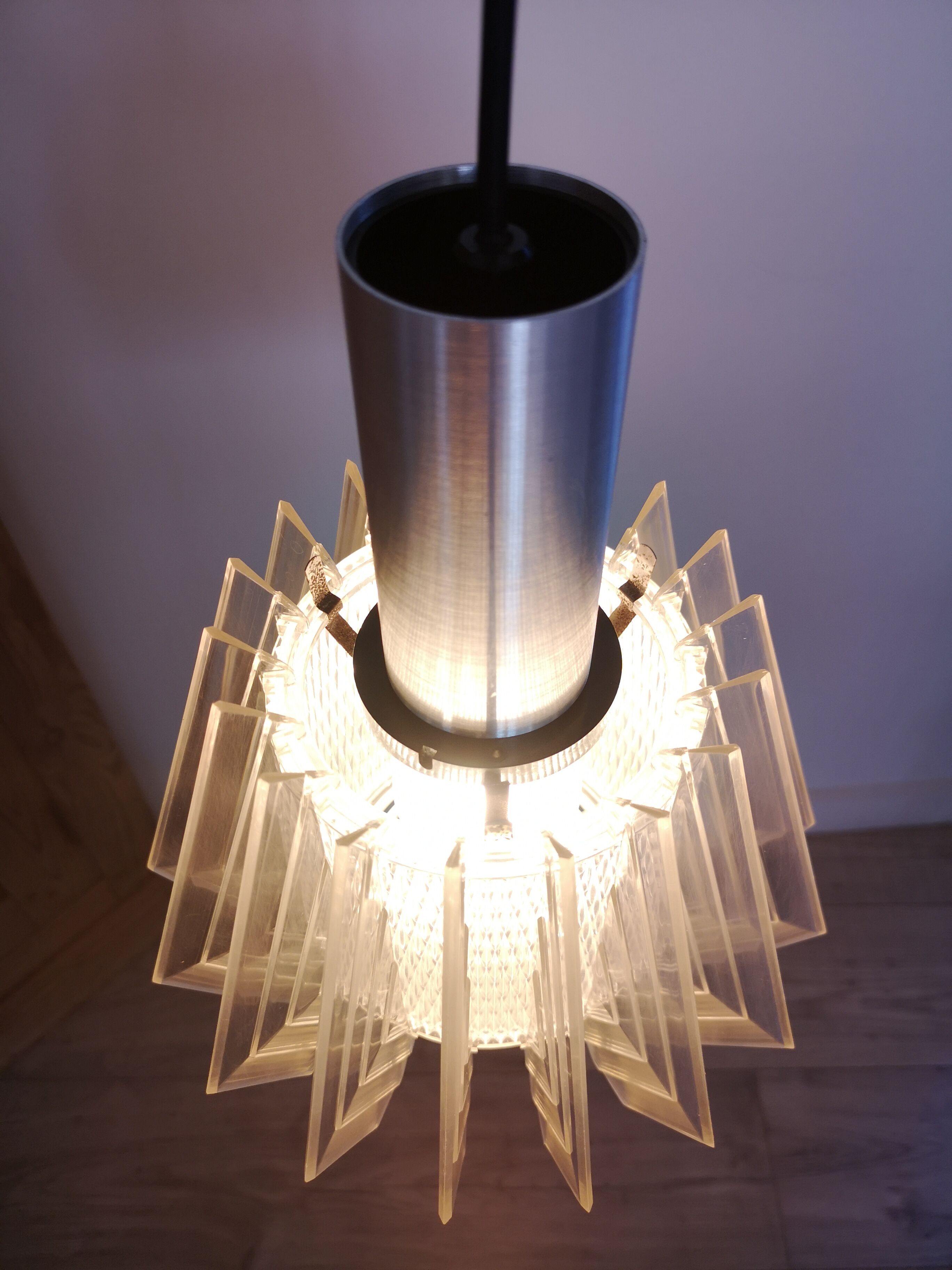 Plexiglas and stainless steel hanging lamp