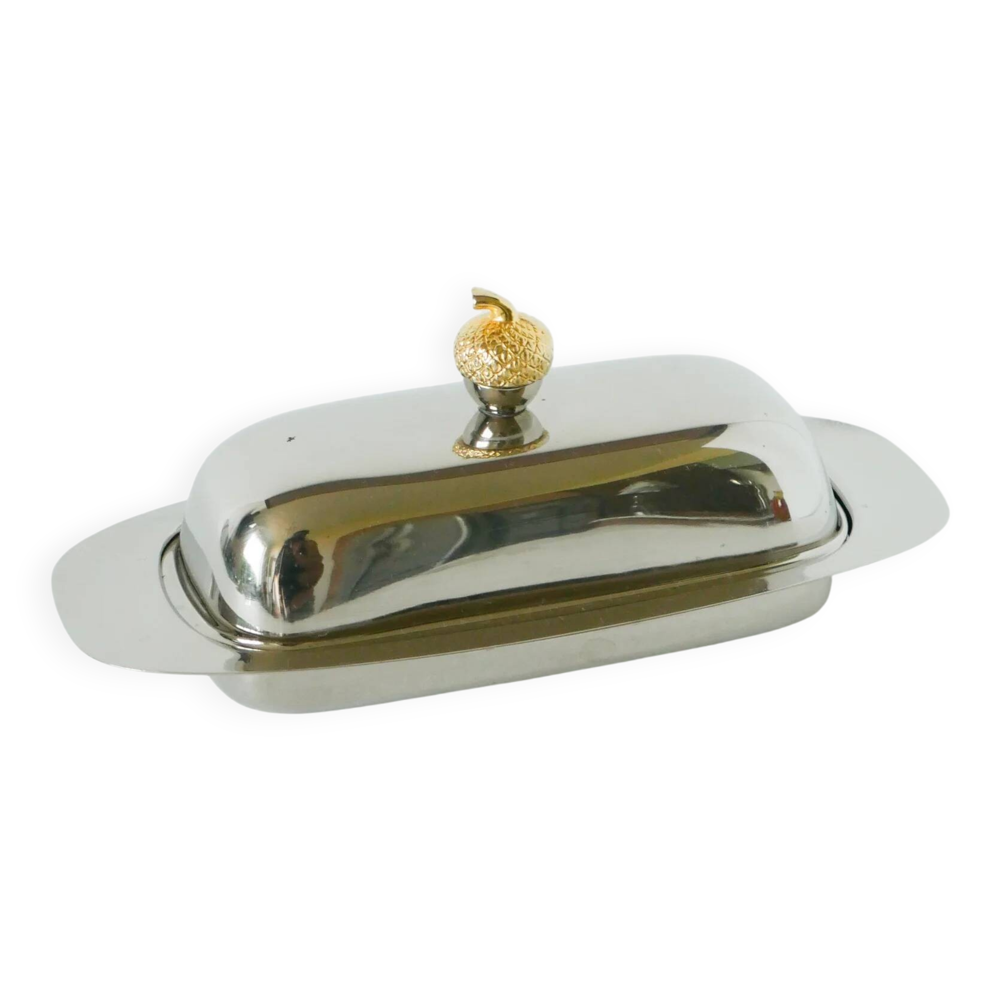 Silver-plated metal, brass and glass butter dish, 1960.