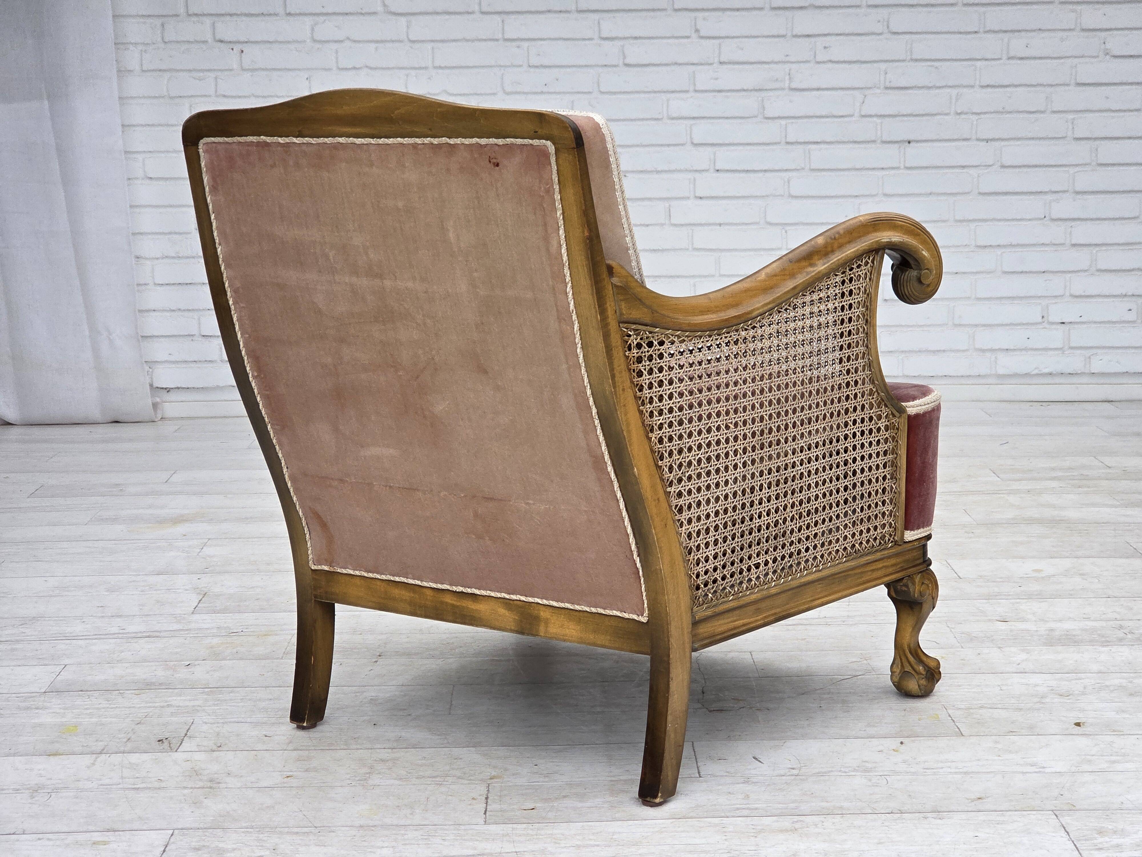 1940s, Danish armchair, woven wool, velour, mesh, carved oak wood.