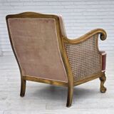 1940s, Danish armchair, woven wool, velour, mesh, carved oak wood.