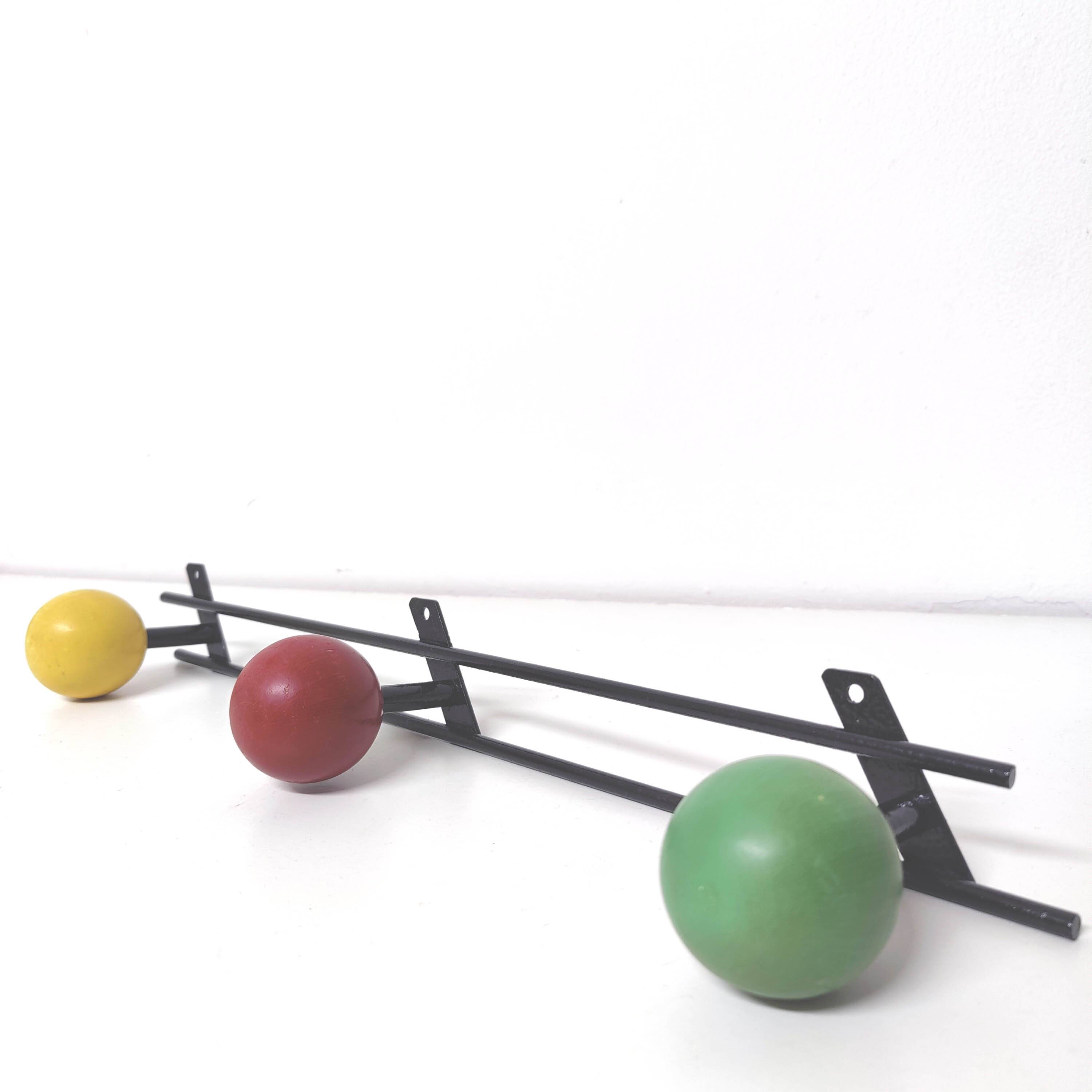 Coat rack coat hooks green red yellow wooden balls 50s