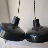 Duo of white and black enameled sheet metal pendants