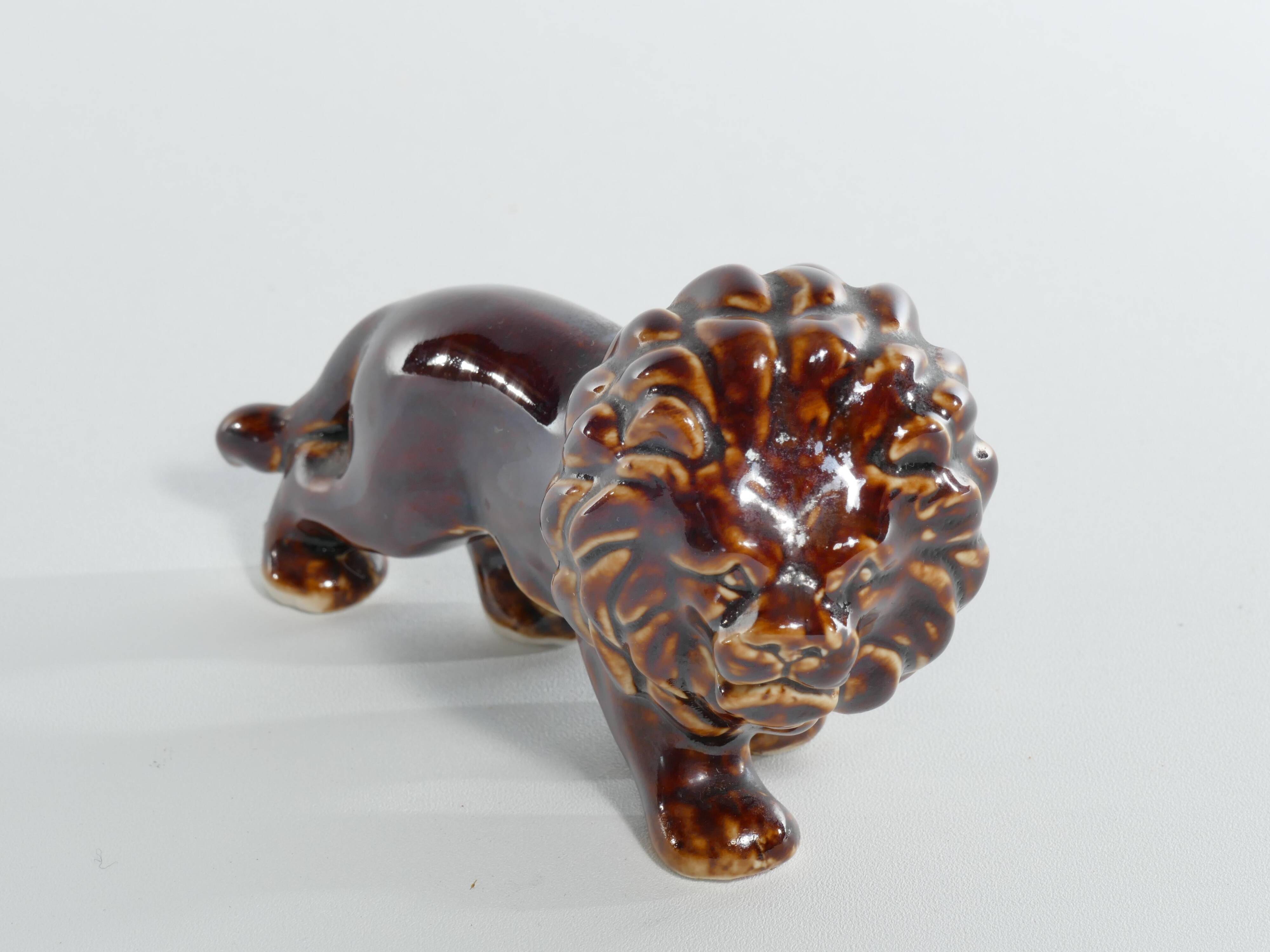 Mid-Century Modern Chinese Brown Glazed Lion Figurine