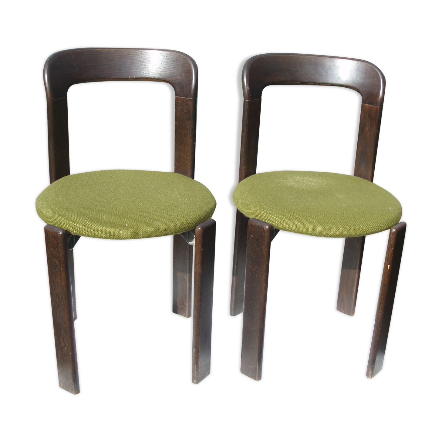 Pair of 70s chairs by designer Bruno Rey in wood and green fabric
