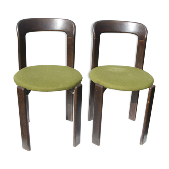 Pair of 70s chairs by designer Bruno Rey in wood and green fabric