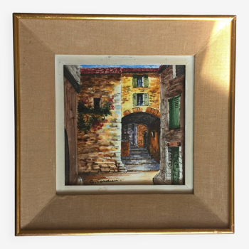 Painting frame painted on ceramic by g. tardieu town of biot alley and porch