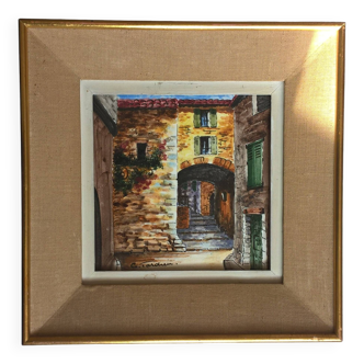 Painting frame painted on ceramic by g. tardieu town of biot alley and porch