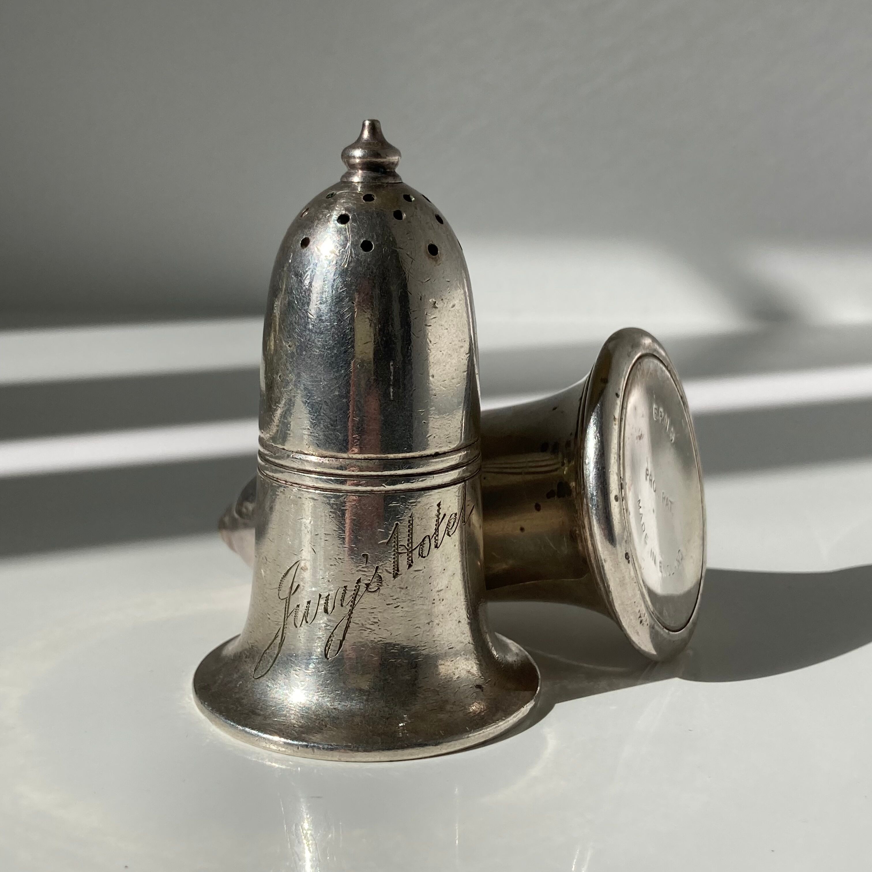 English silver-plated salt and pepper shakers by Broderick Bros Ltd for the Jury’s Hotel in Dublin
