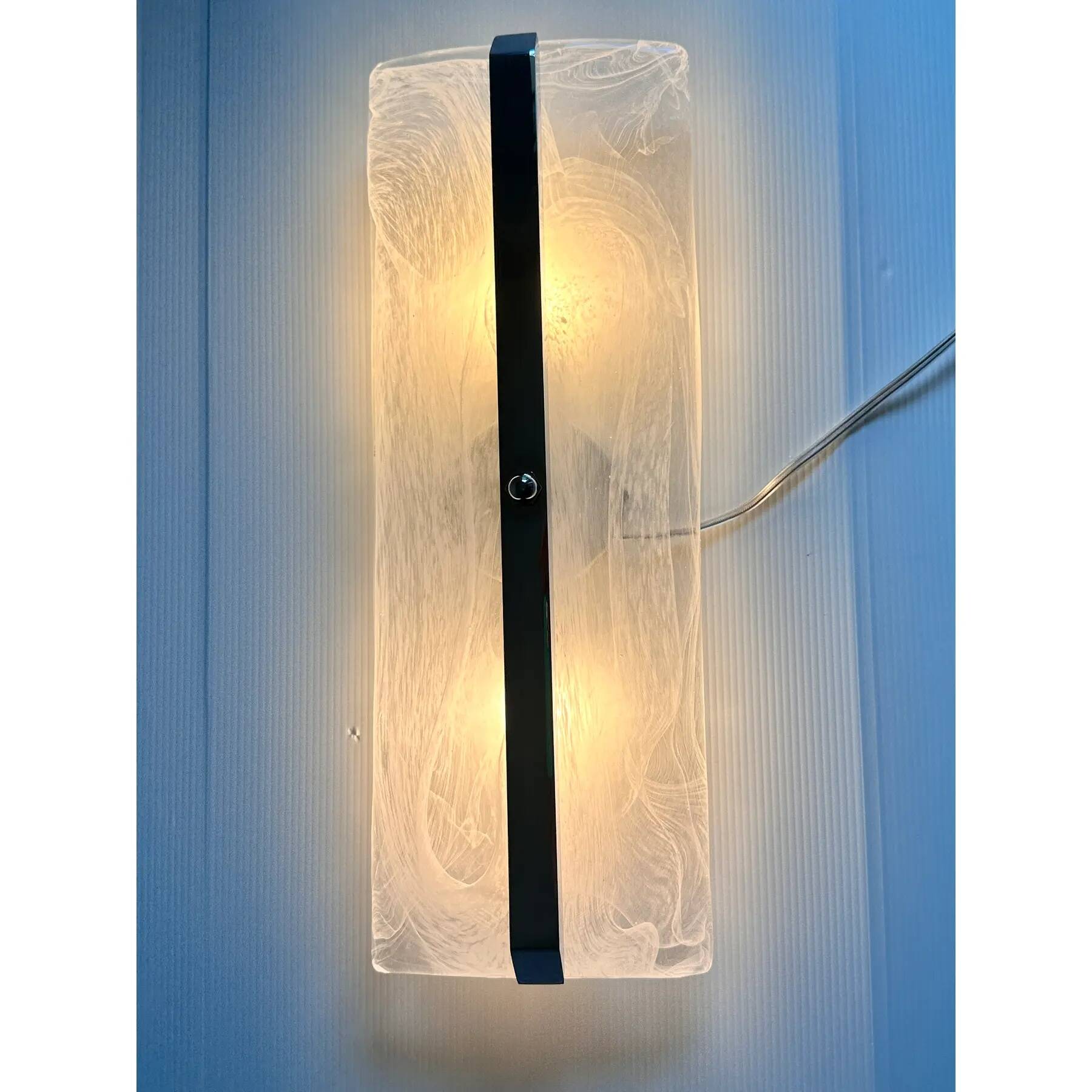 Contemporary Rectangular Venied-White "Alabastro" Murano Glass Chromed Wall