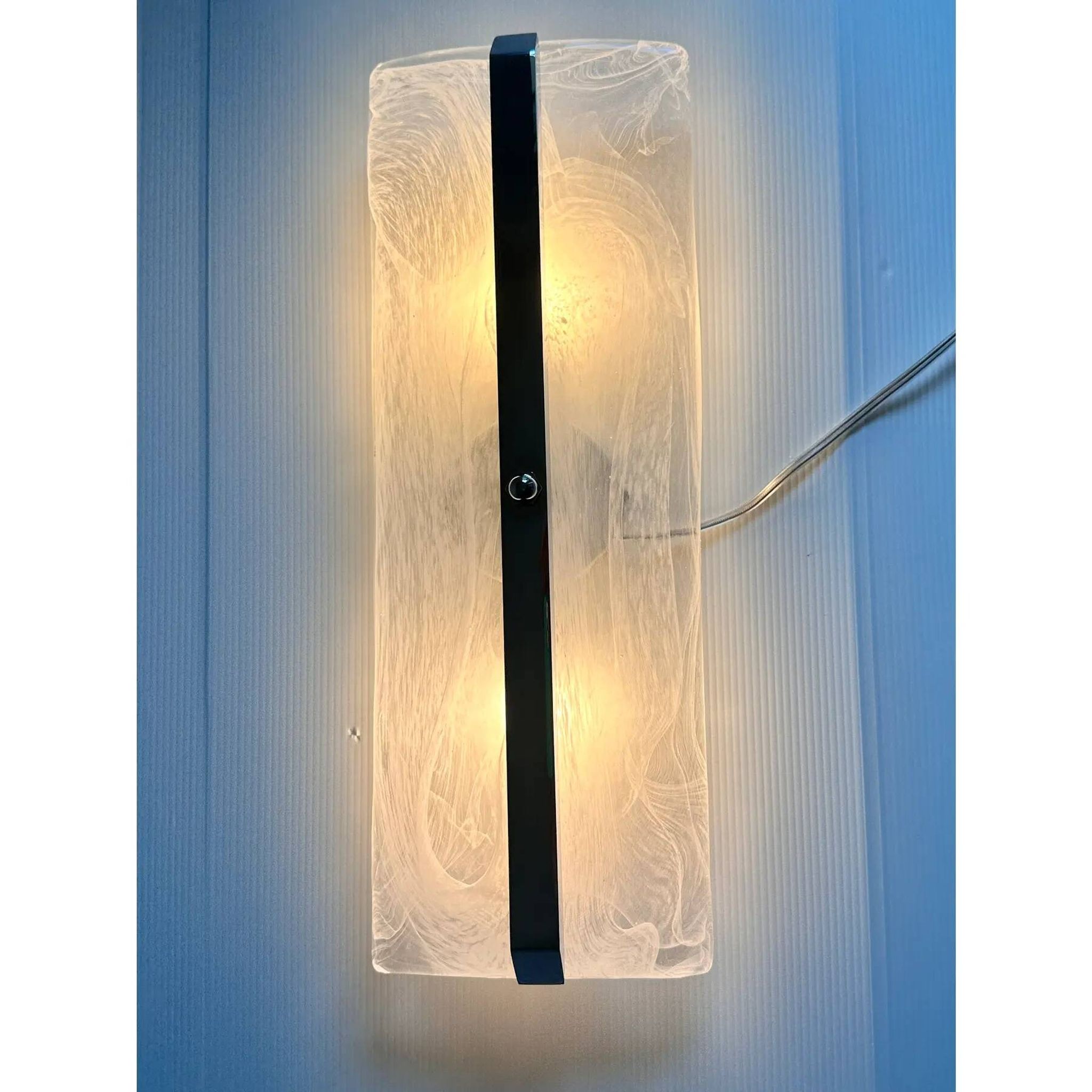 Contemporary Rectangular Venied-White "Alabastro" Murano Glass Chromed Wall