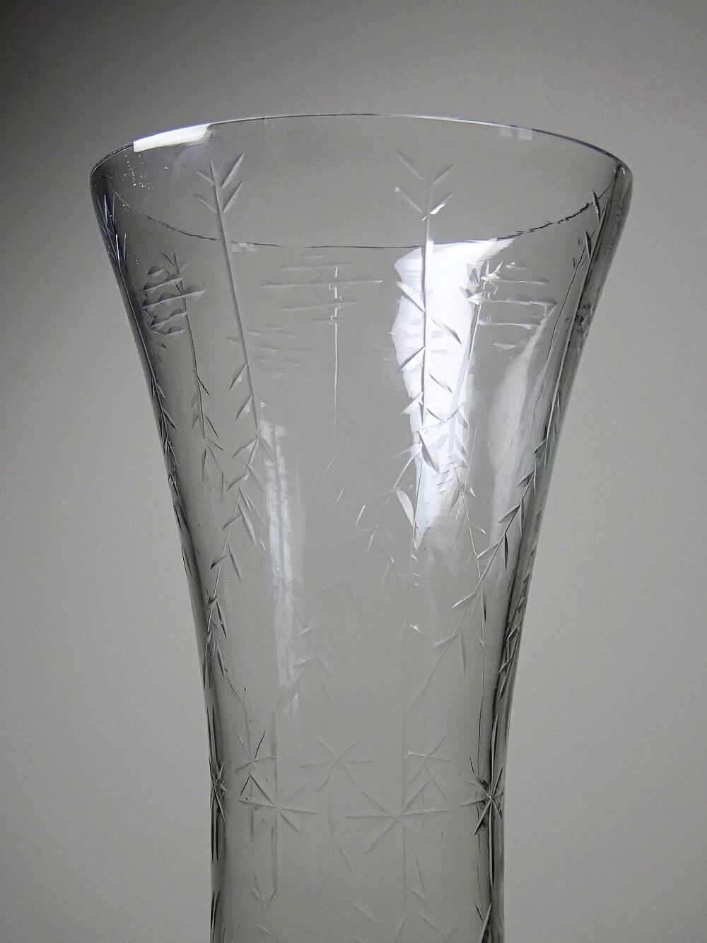 Very large vintage engraved blown glass vase from the 2000s in an antique style