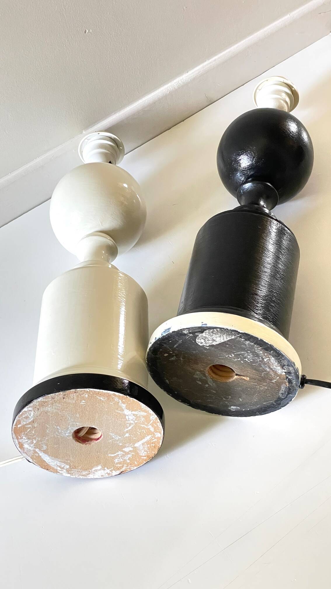 2 large black and white turned wood vintage lamp bases.