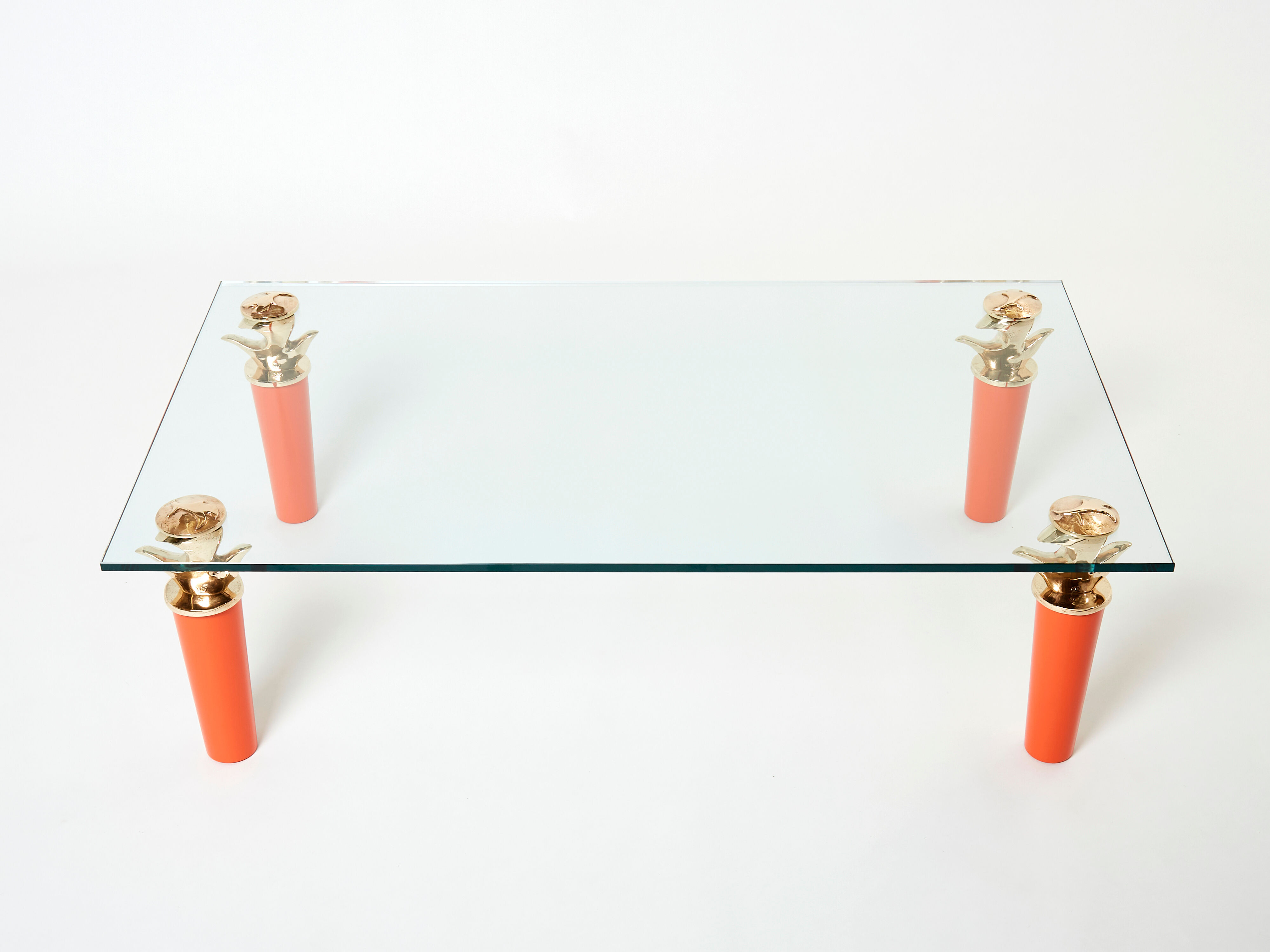 Rare coffee table lacquer orange bronze glass signed Garouste & Bonetti 1995