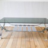 rectangular coffee table in smoked glass and chrome double trays Design 1970