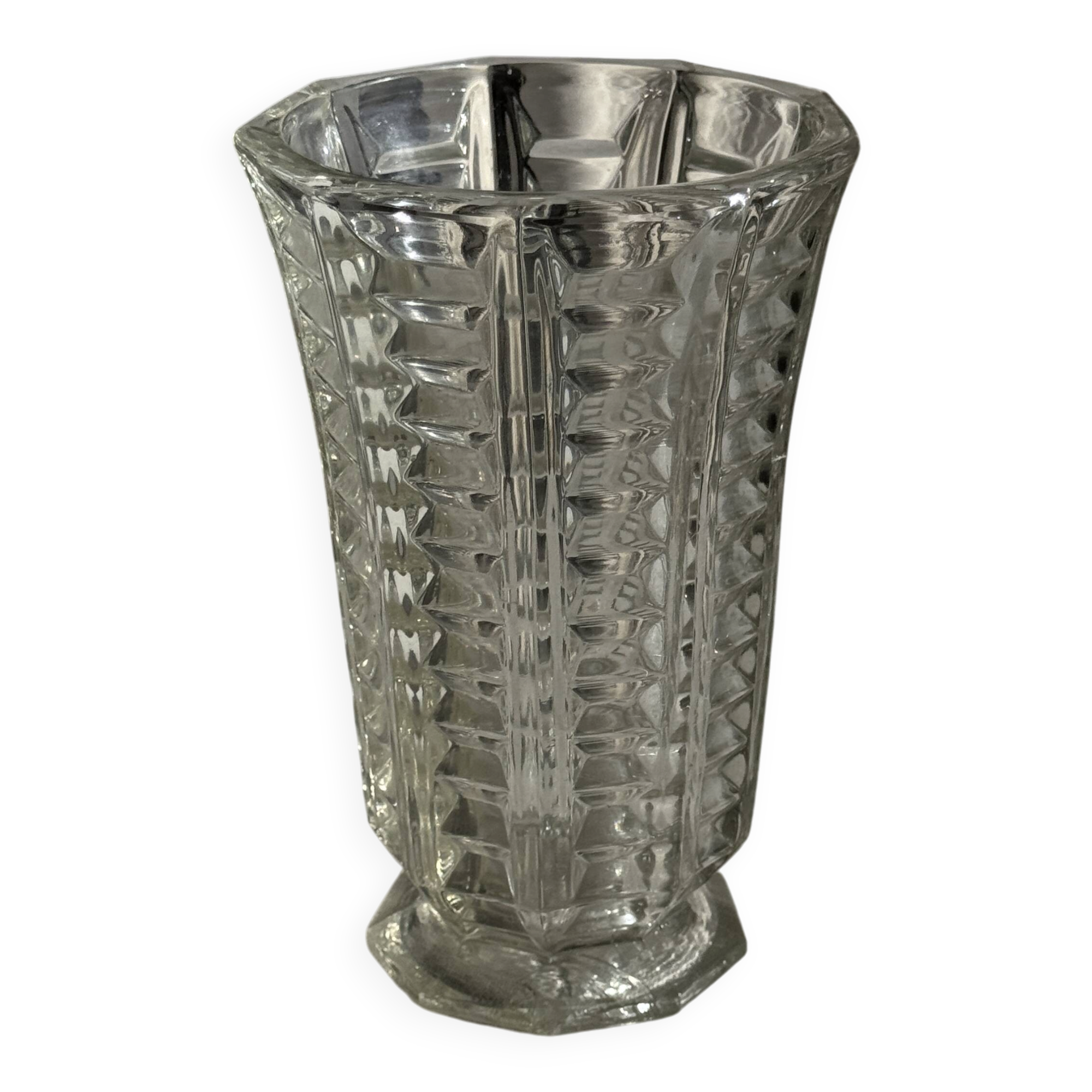 Vintage geometric moulded glass flared vase H21