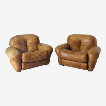 Paire de fauteuils en cuir marron
