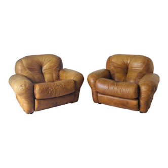 Paire de fauteuils en cuir marron