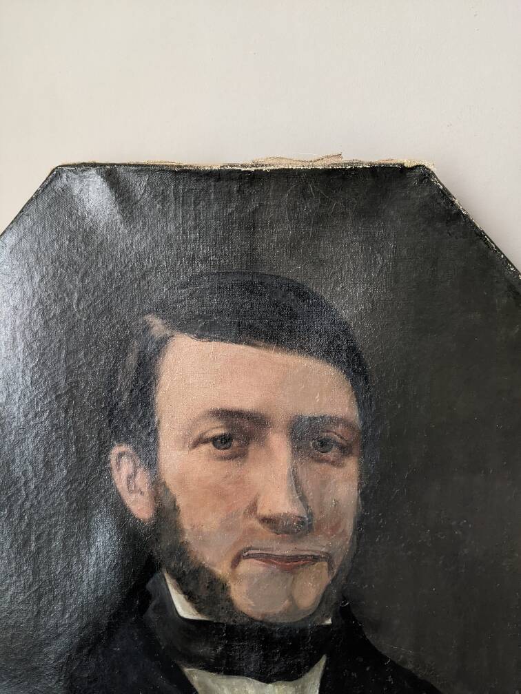 Old oil painting on octagonal canvas portrait countryside decoration