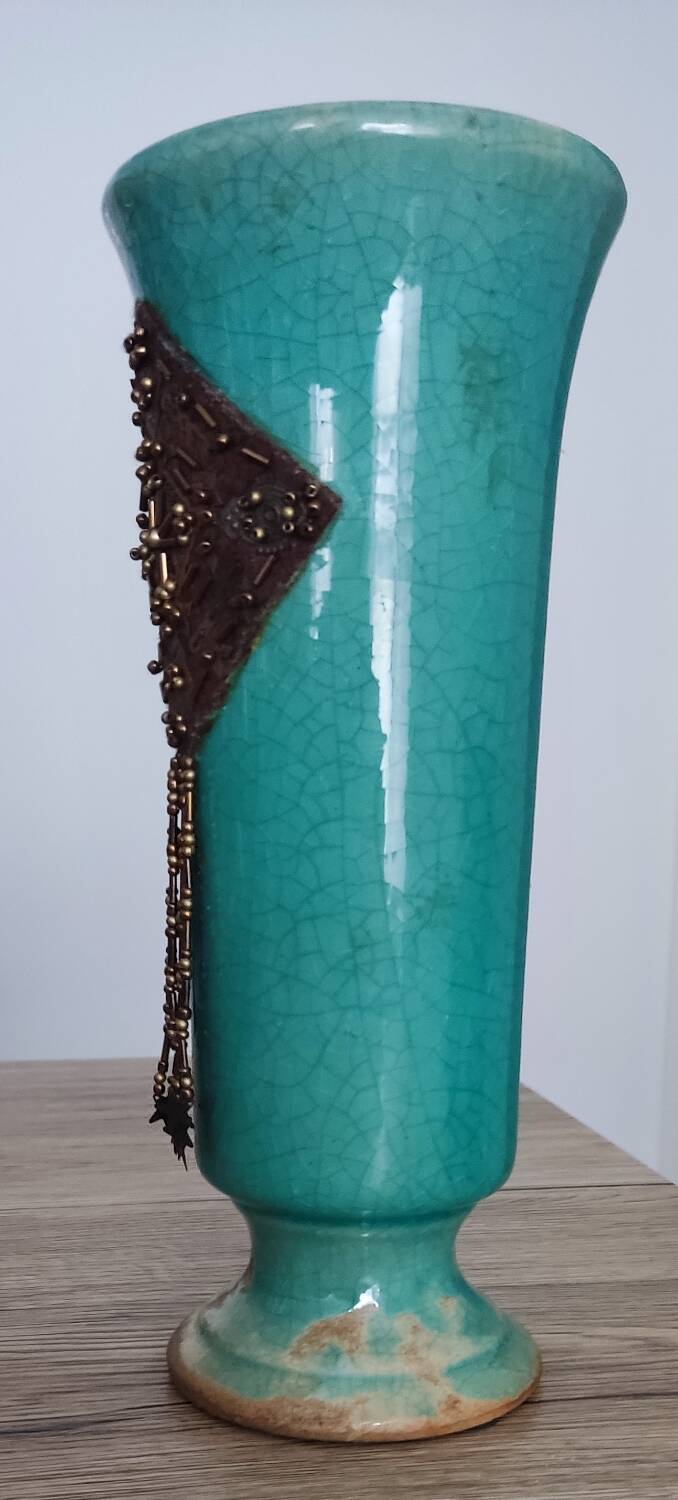 Green cracked ceramic vase