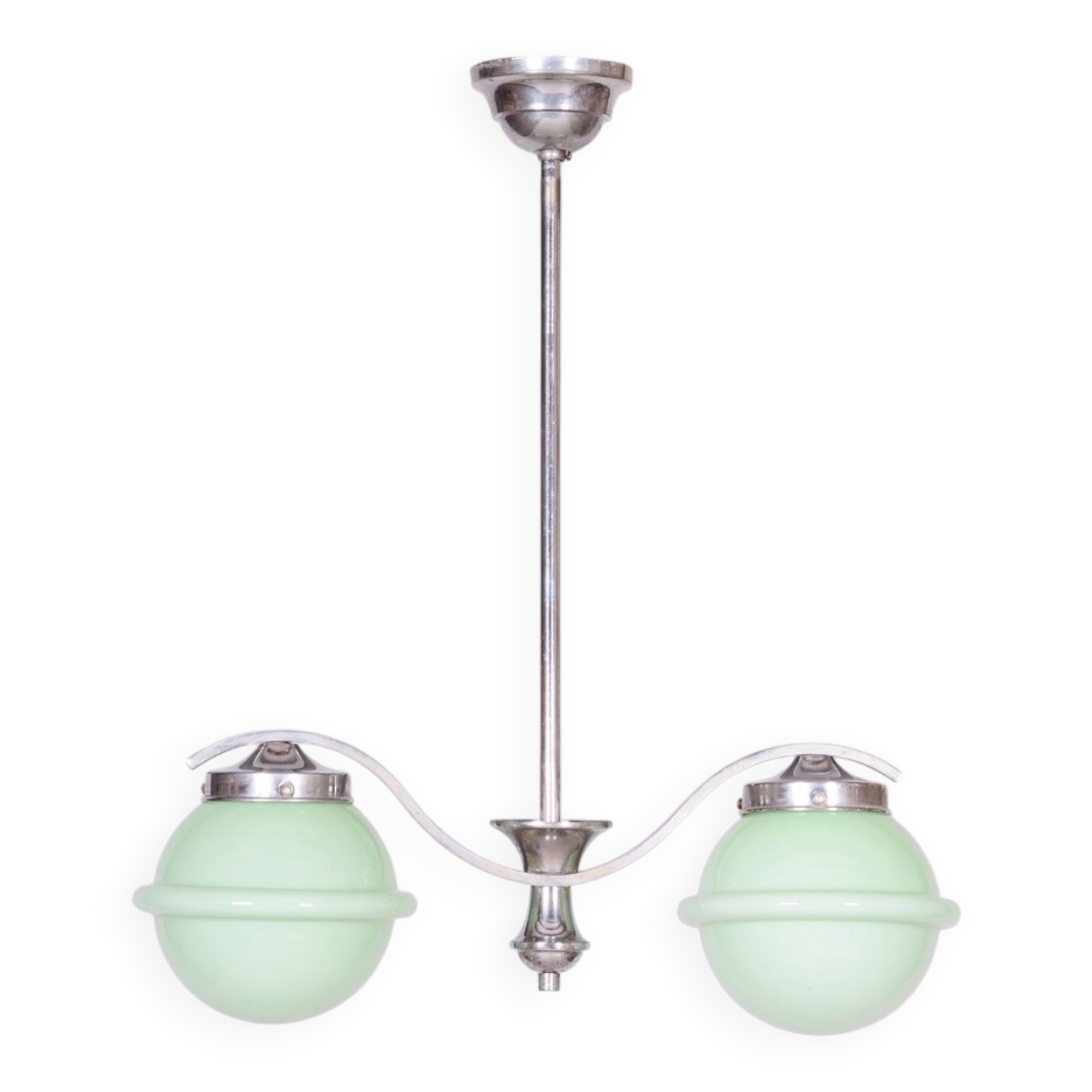 Czech Bauhaus Chandelier in Chrome-Plated Steel and Opaline Glass, 1930s