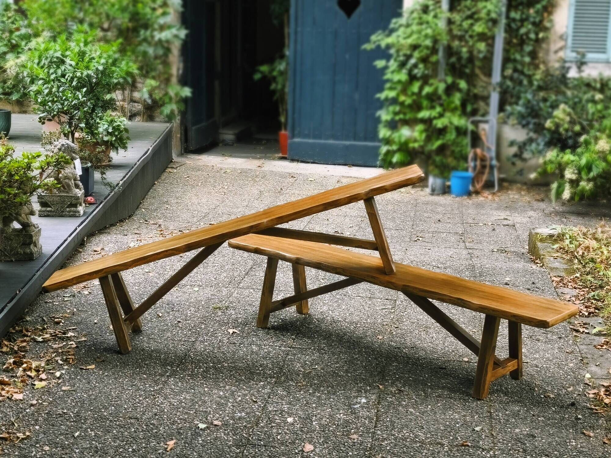 Pair of brutalist benches in solid blond elm by Aranjou, France, 1970s