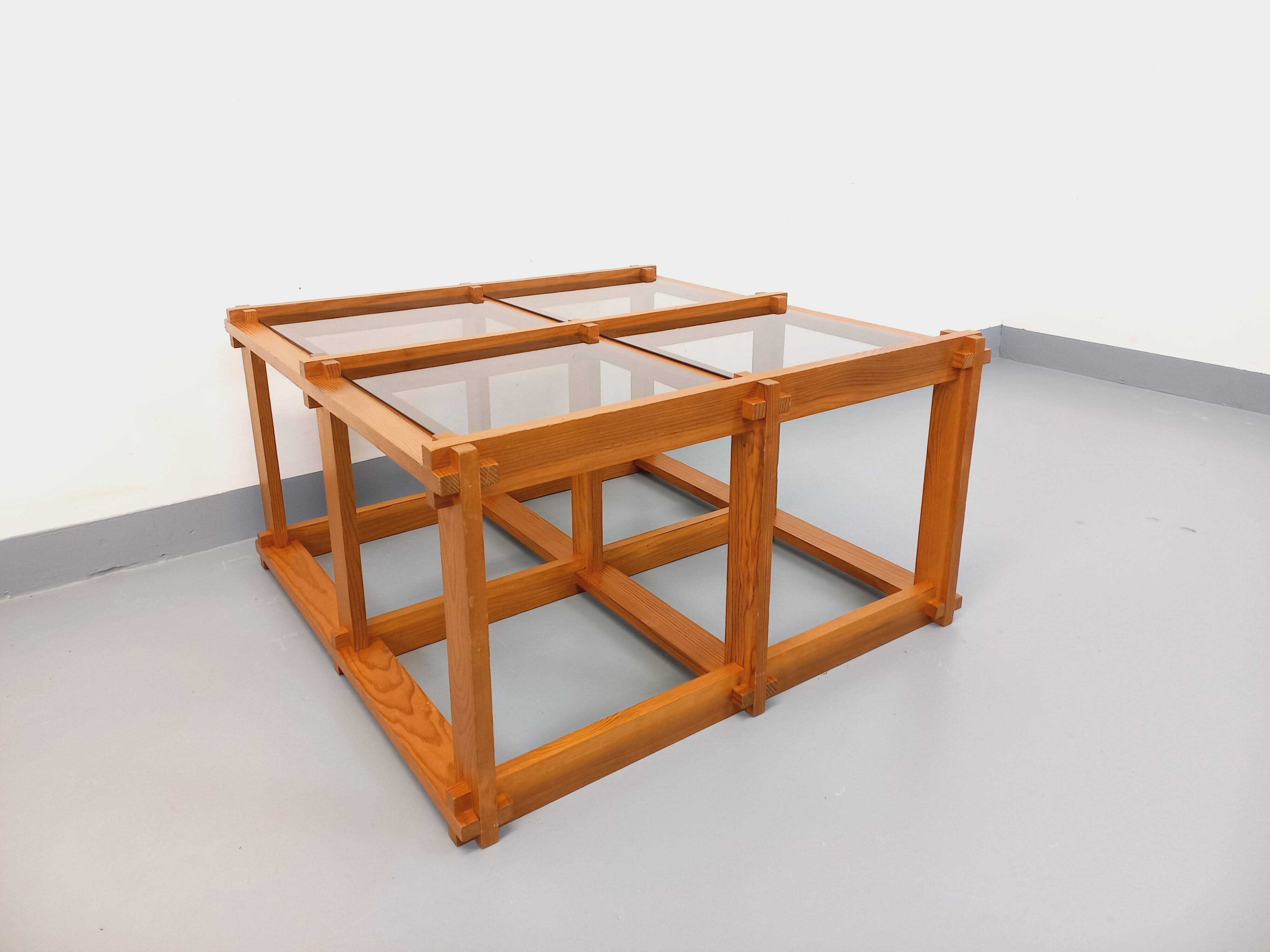 Vintage square coffee table in pine and smoked glass from the 70s and 80s.