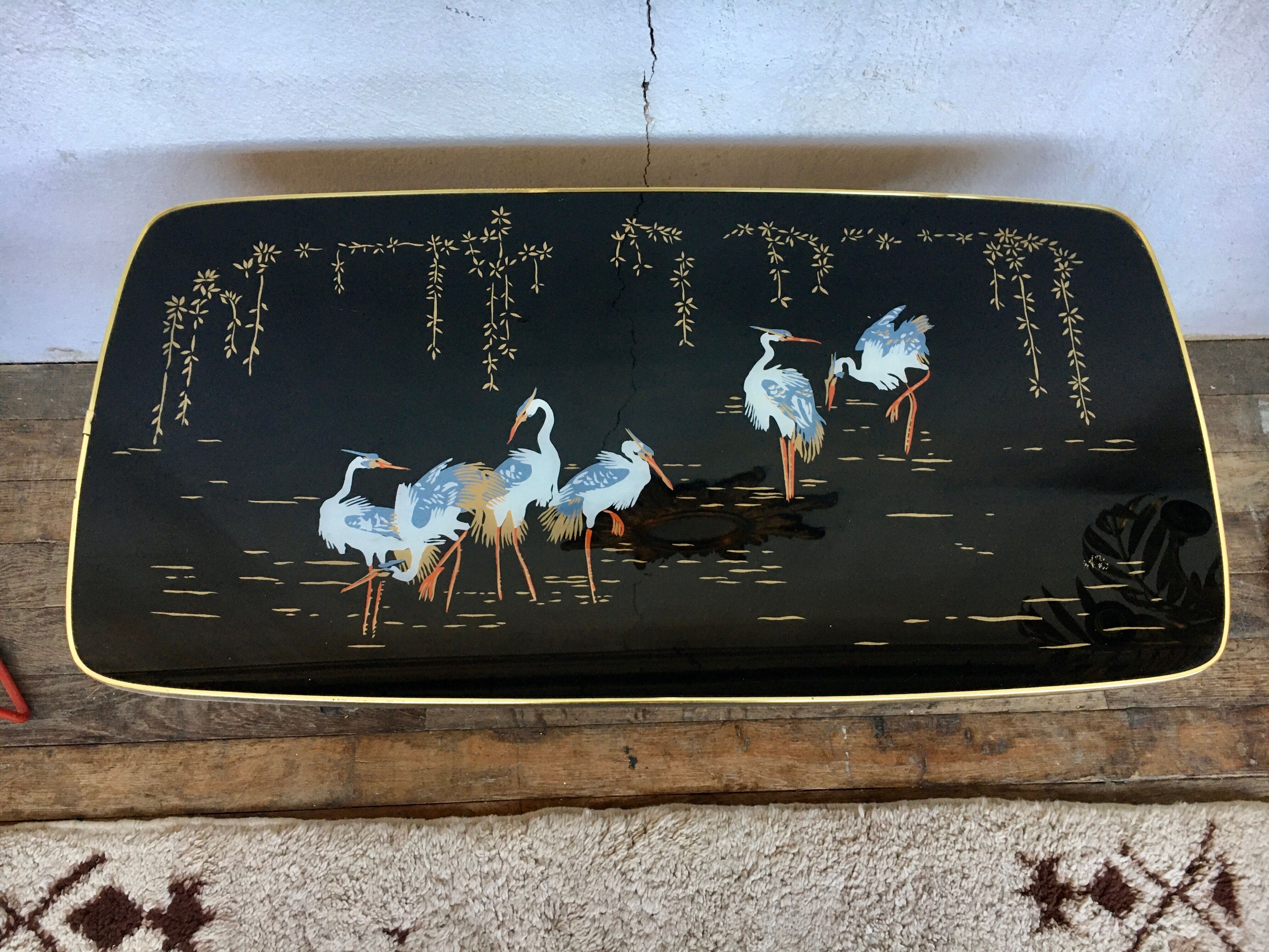 Table basse forme libre peinture sous verre heron jardin 1950 ancien