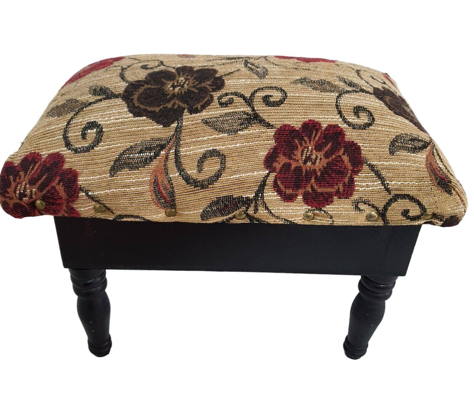 Foot Rest Stool Upholstered Floral Velvet Fabric With Drawer Vintage Deco