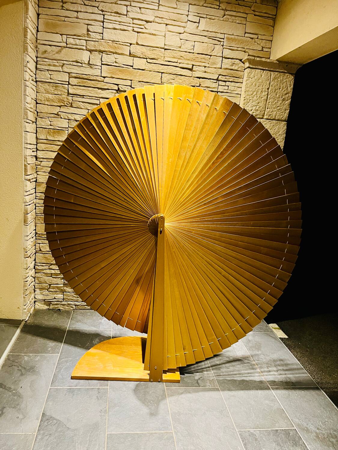 Large vintage wooden fan-shaped screen