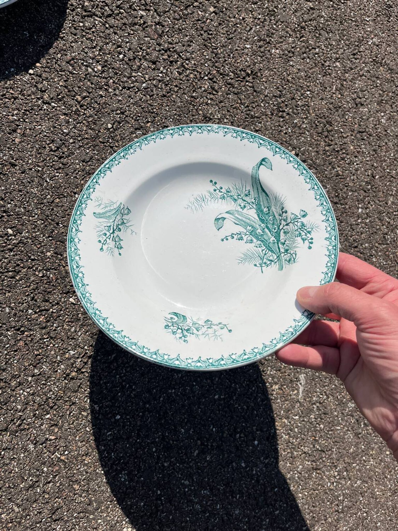 Set of 6 old Sainte Amandinoise earthenware plates with lily of the valley decor