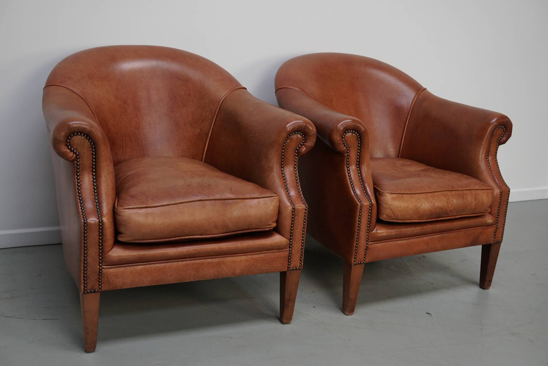 Vintage Dutch Leather Club Chairs in Cognac, Set of 2