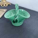 Vintage, woven basket, green, glazed earthenware, grooves, stylized, décor, French decoration, Fran