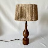 Philippe Capelle vintage 1970s table lamp in turned wood with rope shade