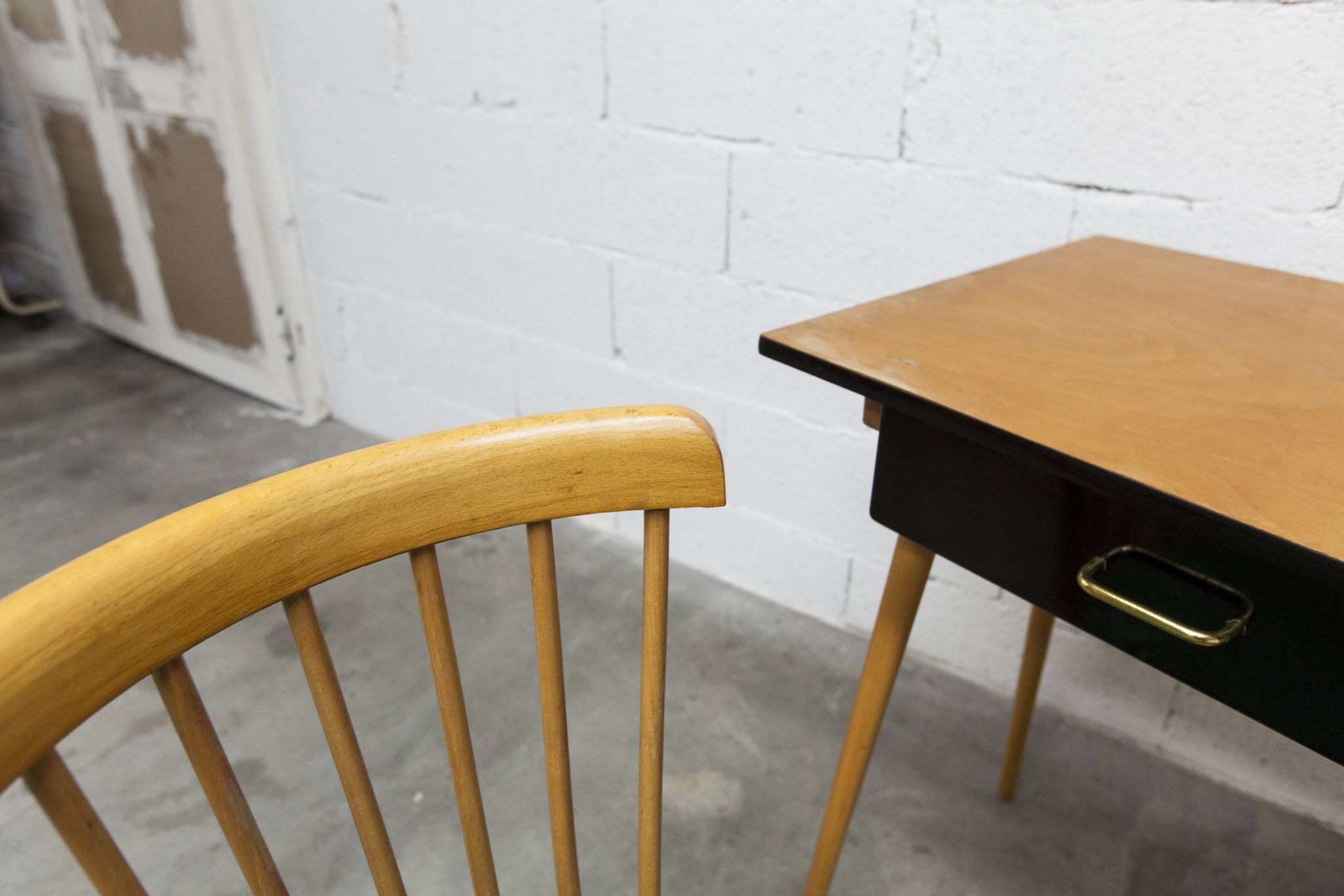 Baumann desk and chair, 1960s, Formica, wood and black, green seat