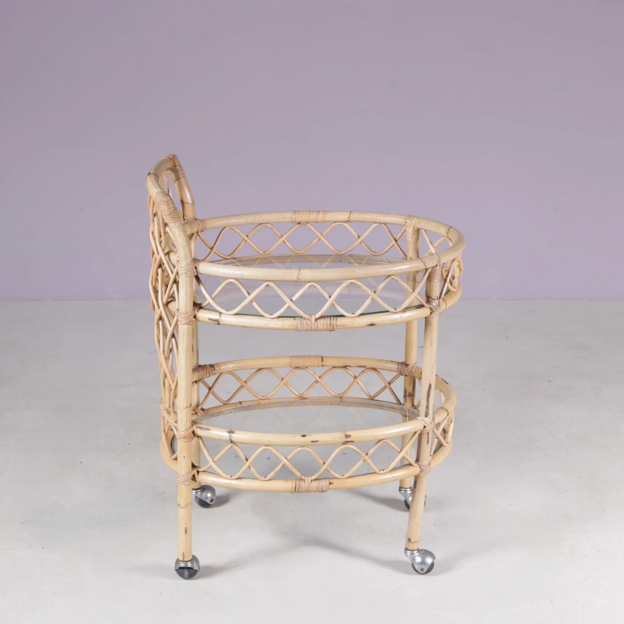 1950s bamboo trolley with two glass tops Italy