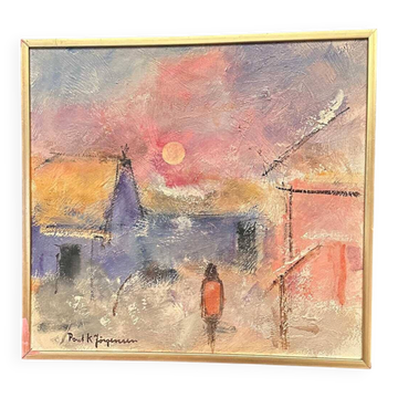 Huile sur panneau d'origine suédoise – « Figure dans le paysage » par Poul K. Jörgensen