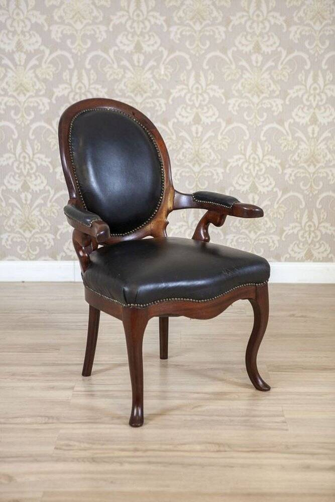 Late 19th Century Mahogany Armchair in Black Leather, 1890s