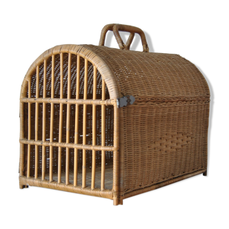 Cage à chat en osier rotin années 70