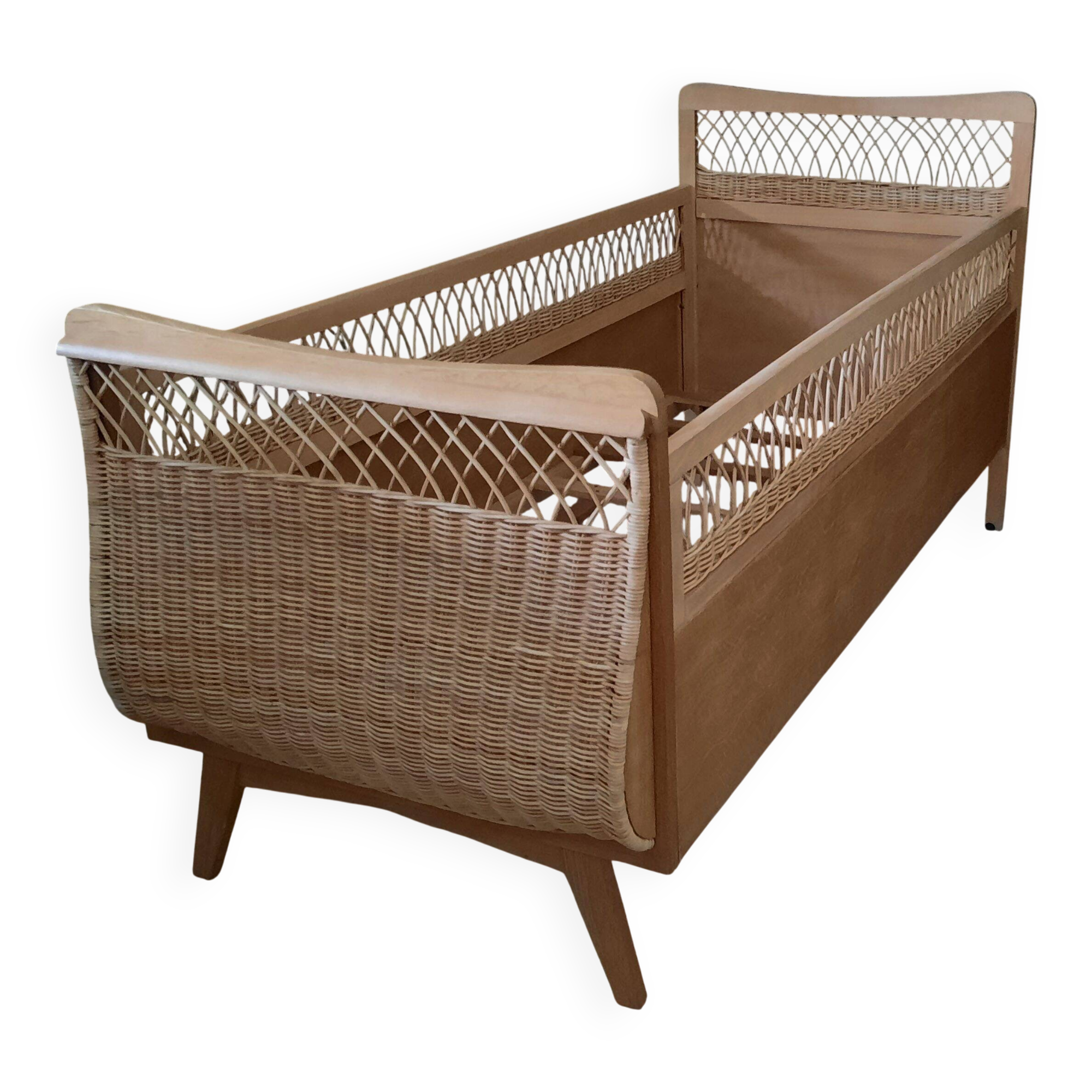 Restored vintage wooden and rattan basket baby bed