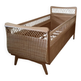Restored vintage wooden and rattan basket baby bed