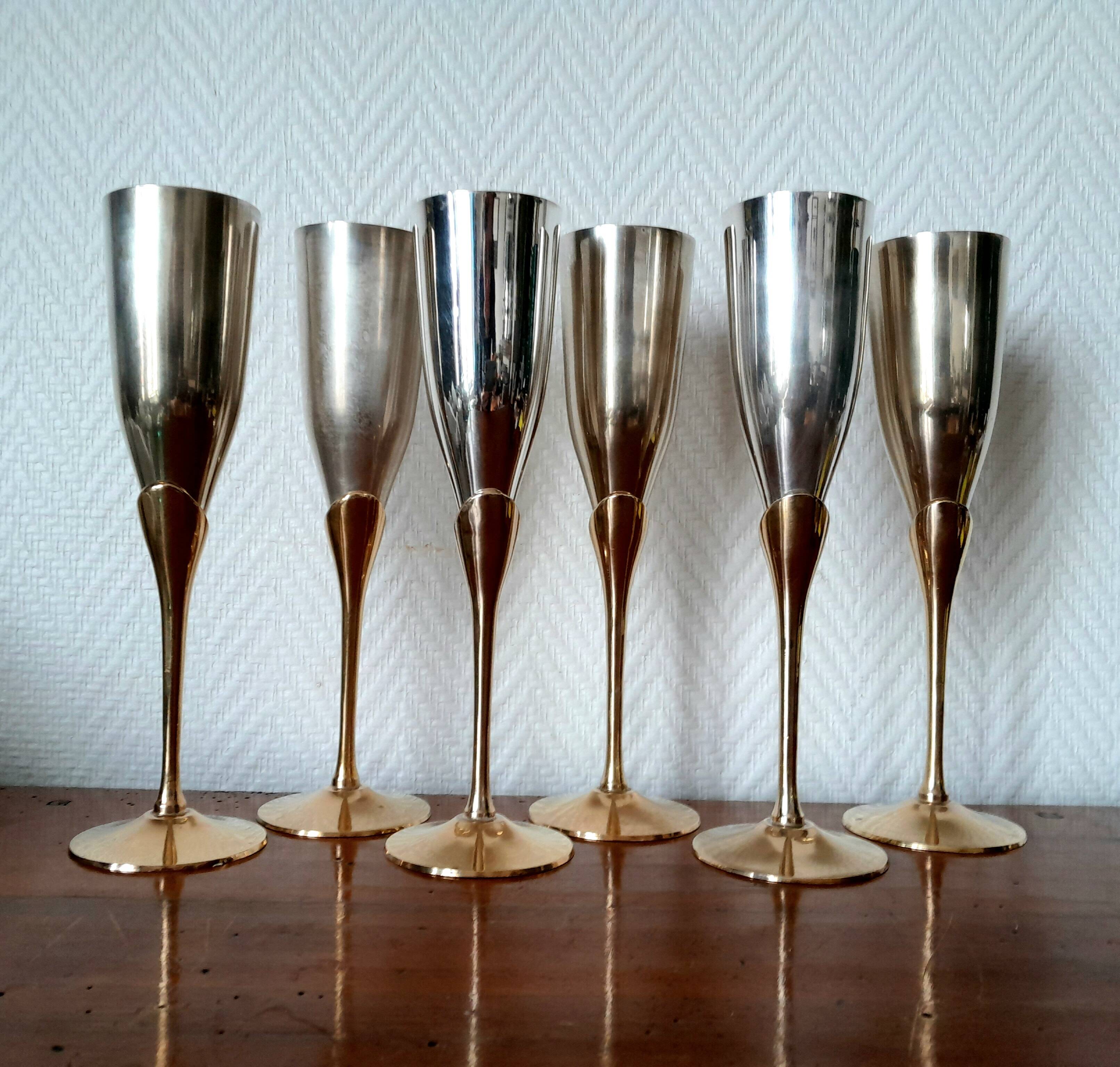 6 champagne flutes in brass and silver plated metal 1970
