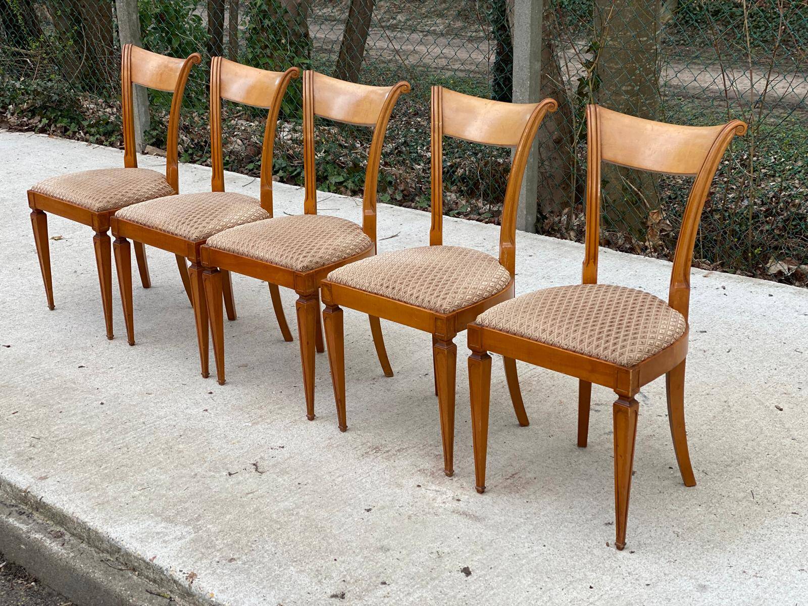 5 Louis XVI chairs in solid wood and beige tiled suede