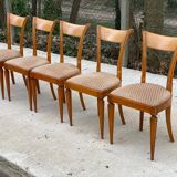 5 Louis XVI chairs in solid wood and beige tiled suede