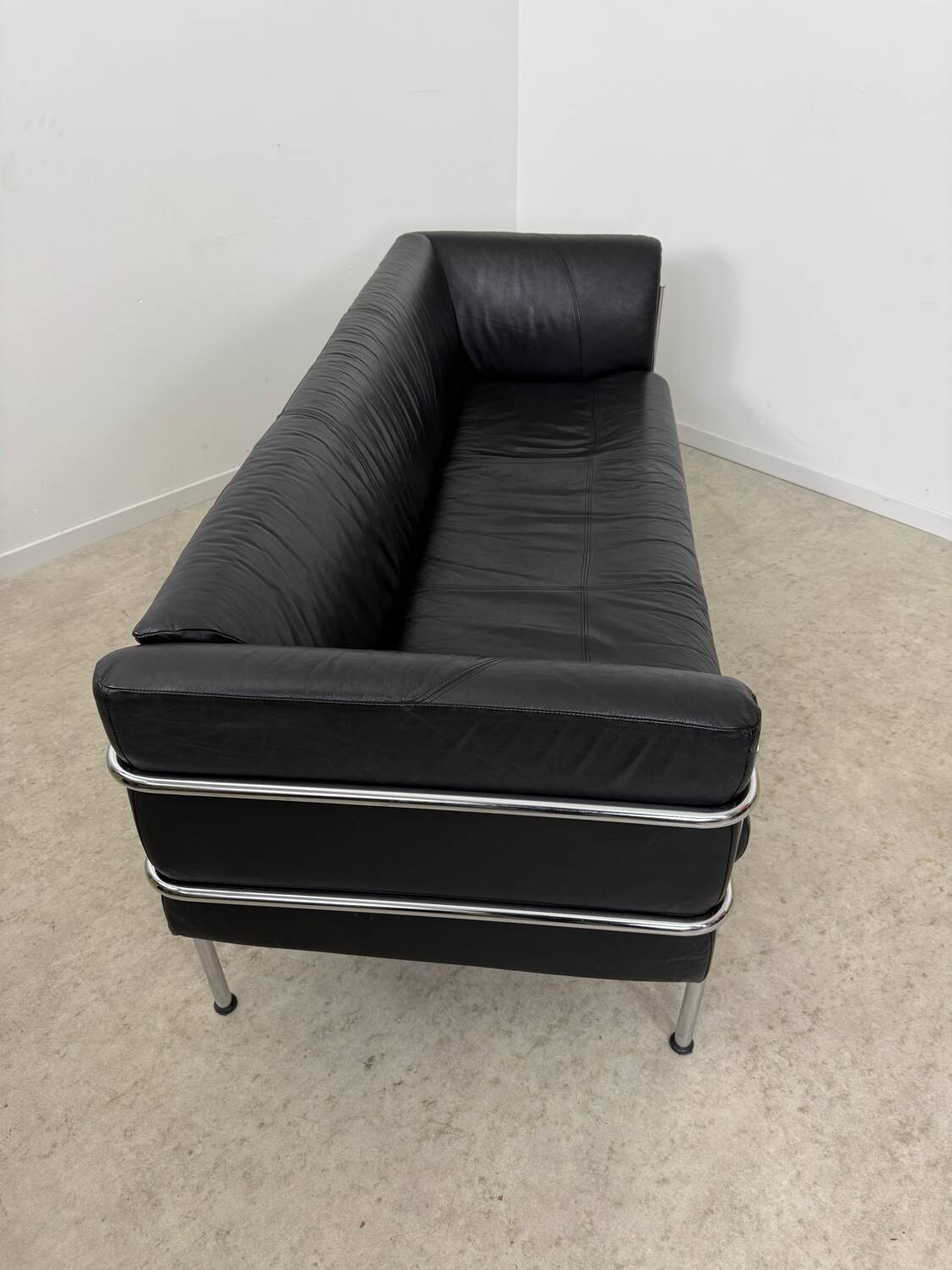 Old 3-seater sofa in tubular and black leather by Kébé, Denmark 1970s