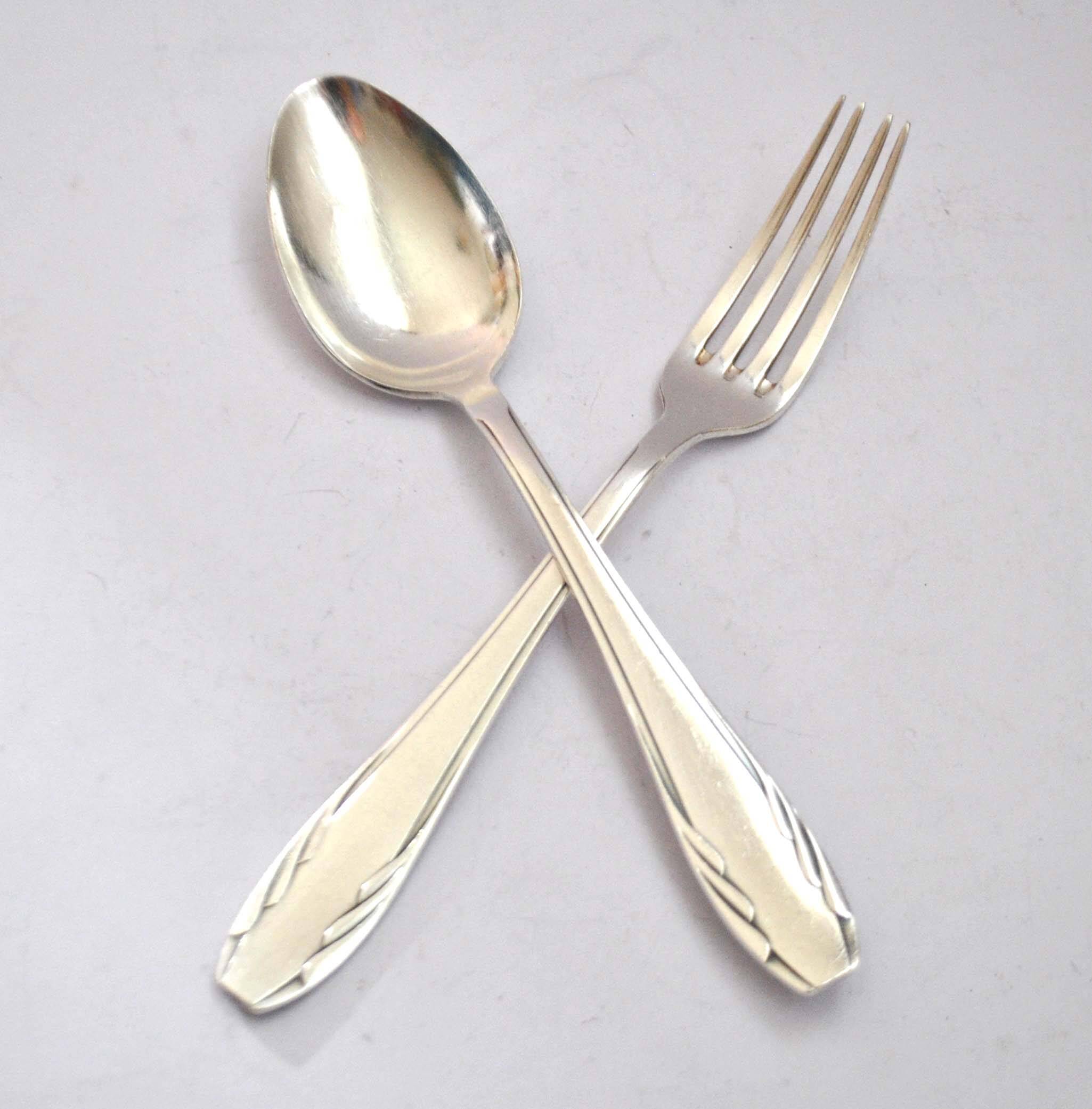 Vintage gulden cutlery in silver metal - fork + modernist spoon 1940/1950