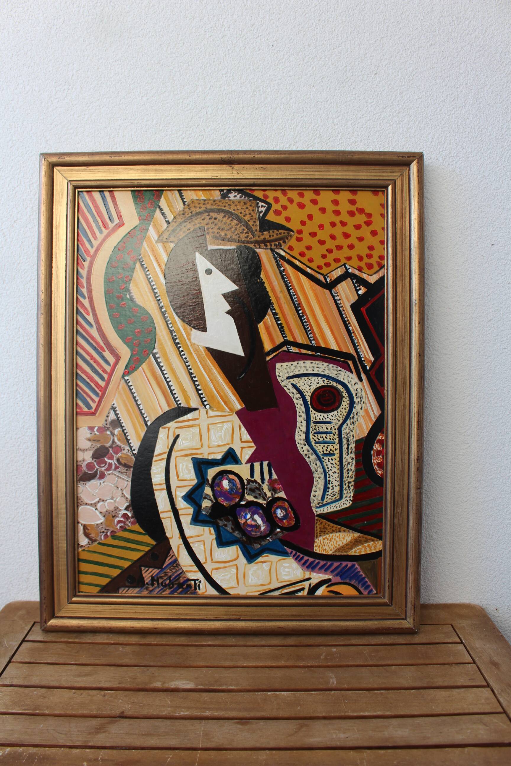 1960s Vintage Cubist Painting of Abstract Figures Composition Modernist, Framed