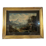 Painting fixed under glass depicting a lake view with the Alps in the background (B)