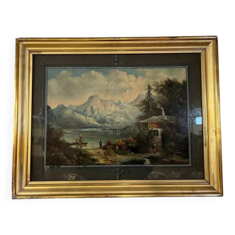 Peinture en fixé sous verre figurant une vue lacustre avec les alpes en arrière plan